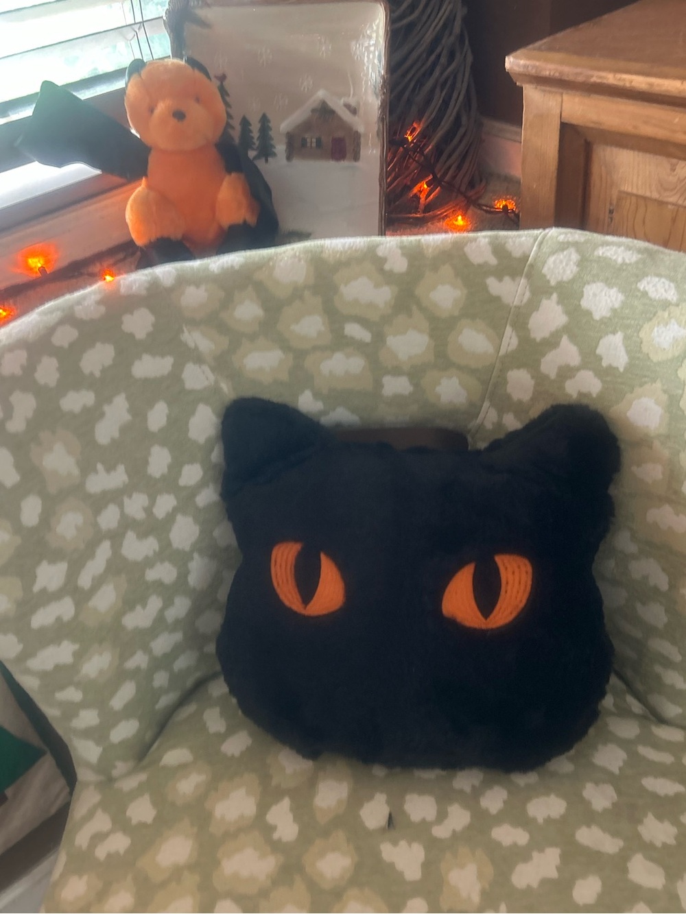 Black Cat Face Plush Pillow with Orange Eyes - NWOT